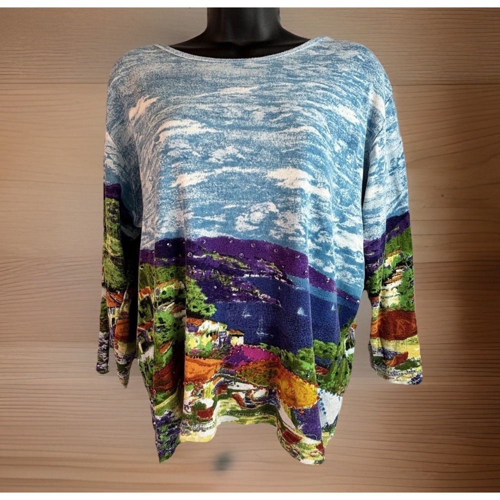 Artscapes Top Sea Landscape Top L Beaded Sky Artsy Lagenlook Jewel Tone 3/4 Slv